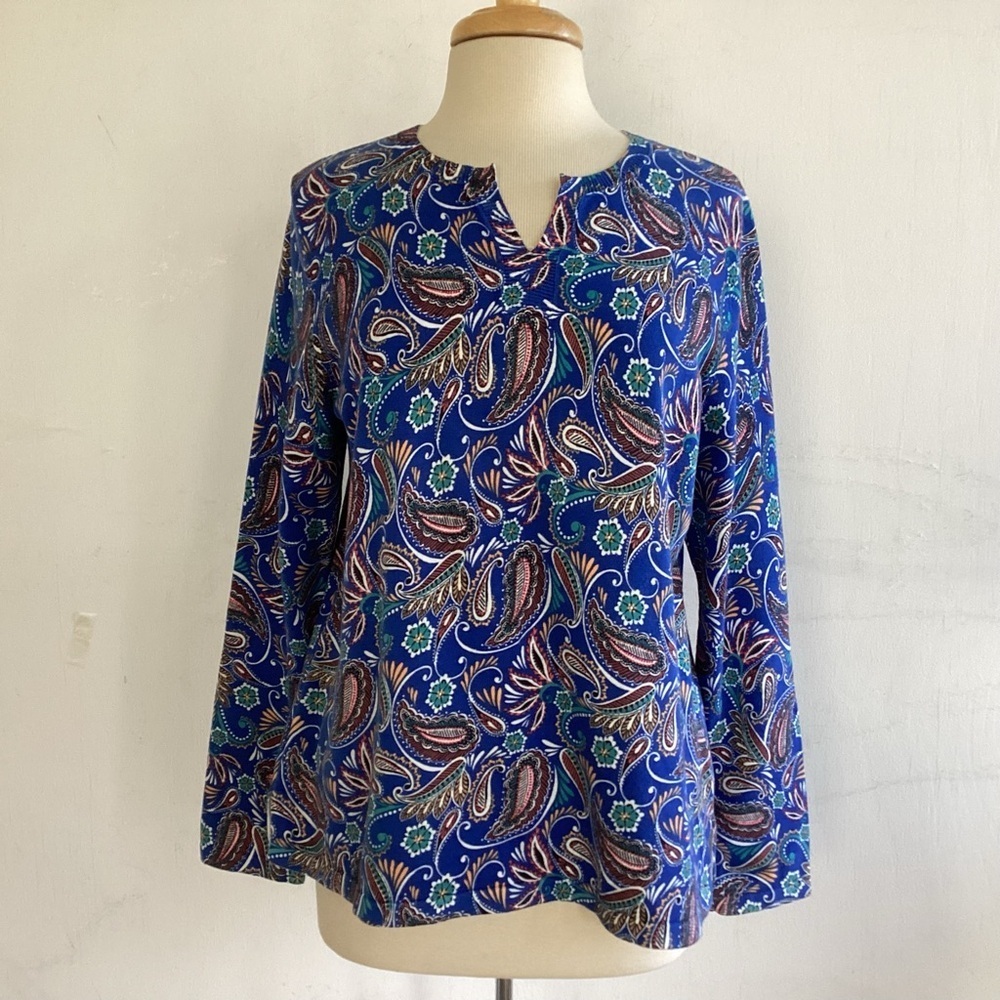 Talbots Outlet Blue Paisley Cotton Keyhole Split Neck Pullover Sweater Large NWT